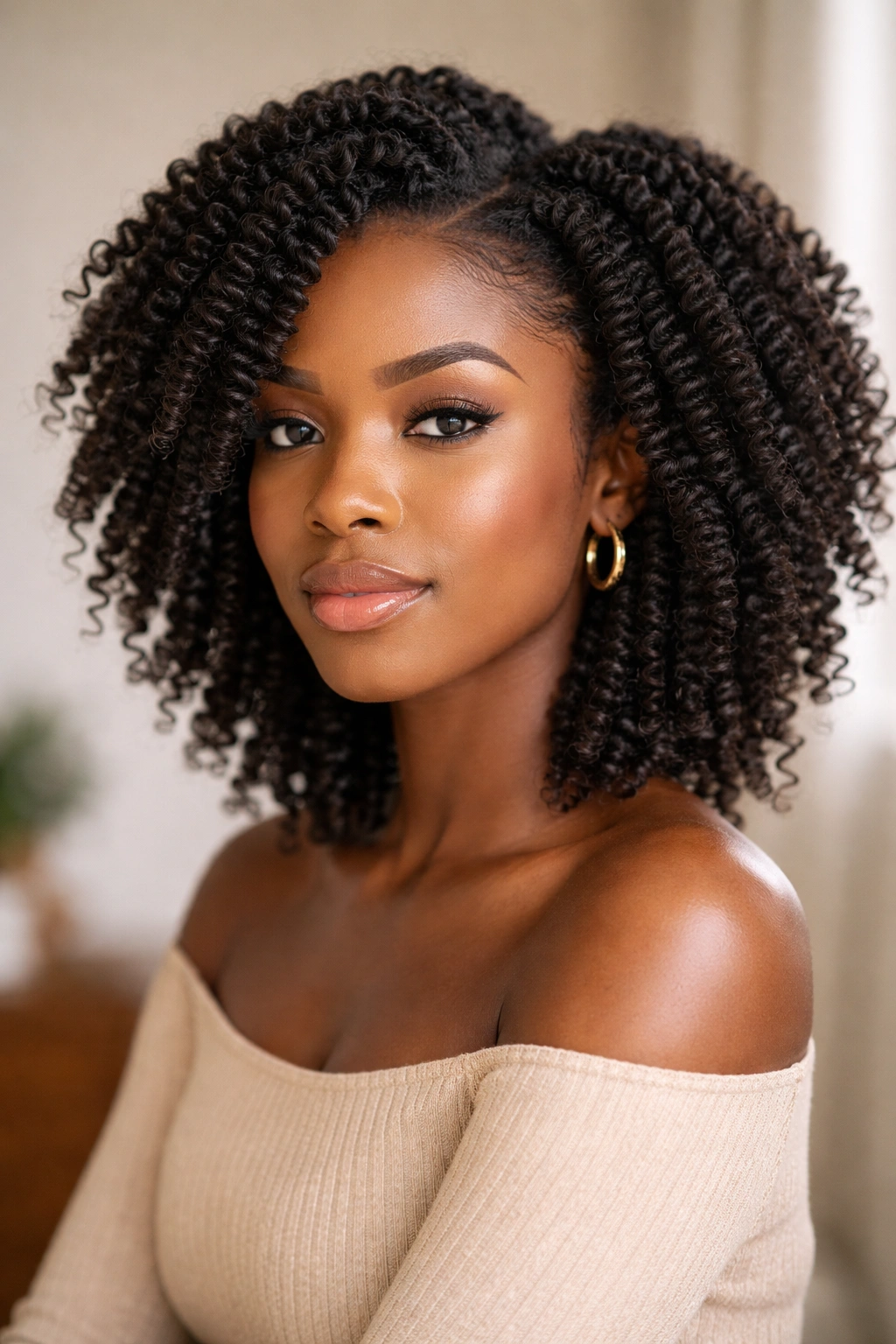 Close-up of 4C hair with a defined twist-out wave pattern