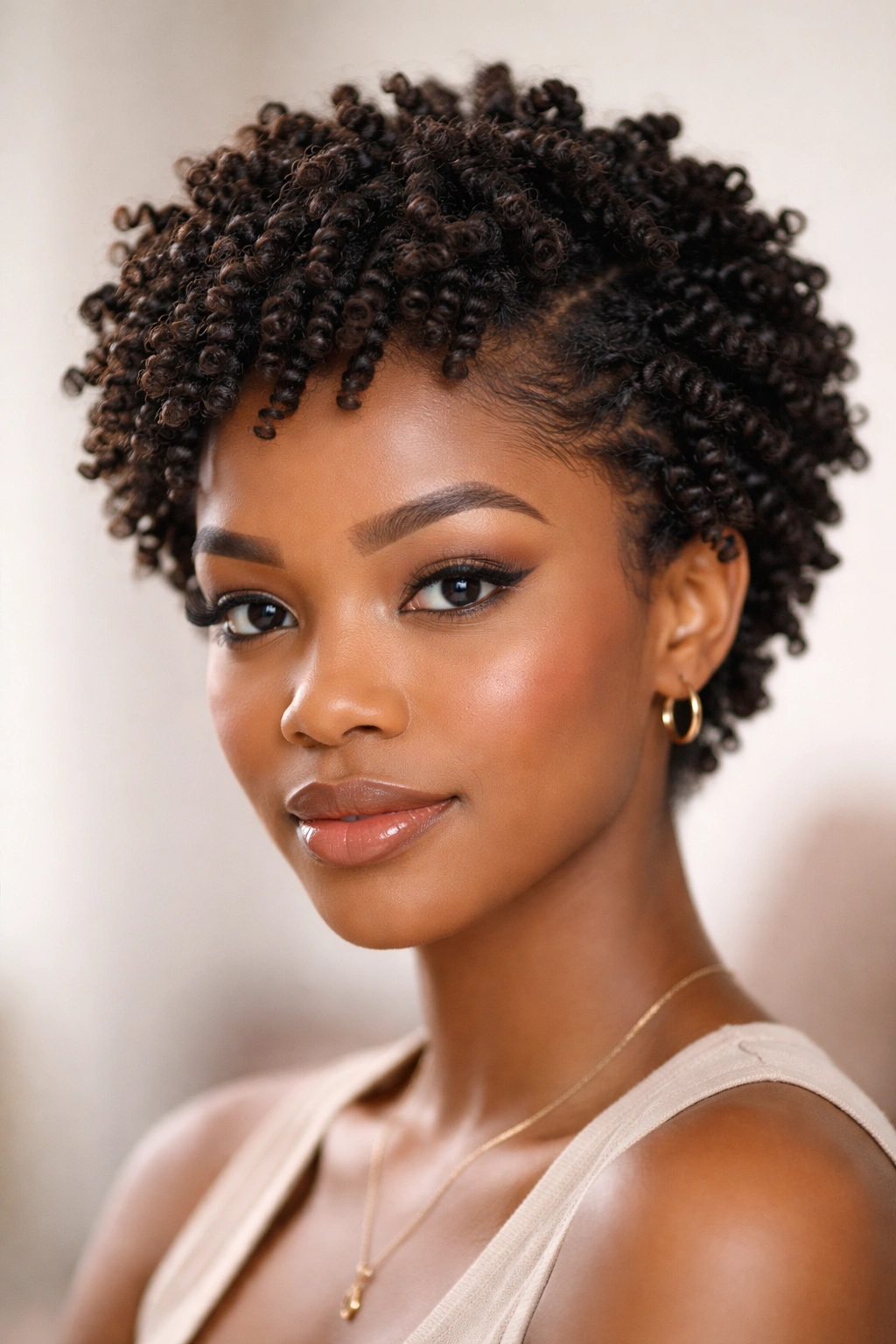 Close-up of a model with a twist-out showing defined, bouncy curls on a small afro