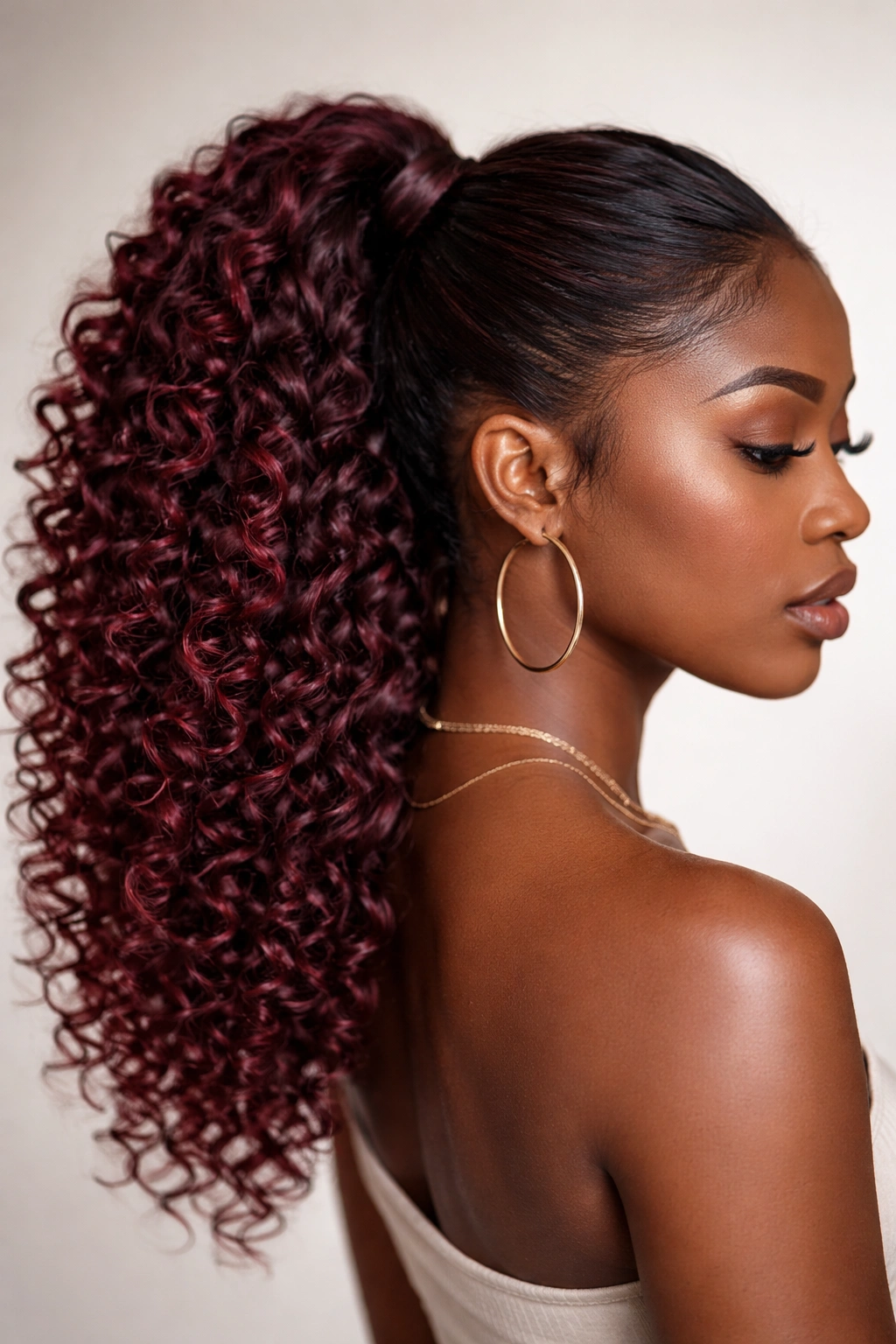 Textured burgundy twist-out ponytail on dark skin