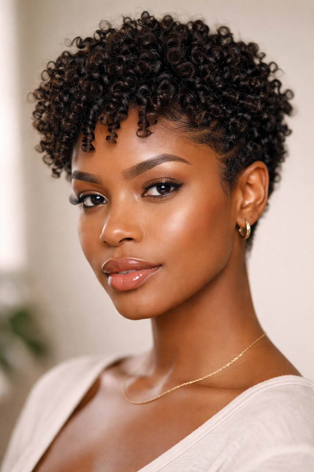 Close-up of a short twist-out crop with elongated defined curl spirals