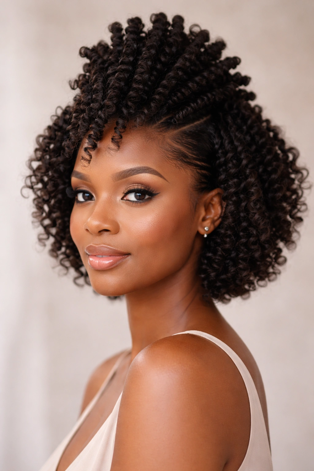 Twist-out hairstyle with crown-height elongation on round face