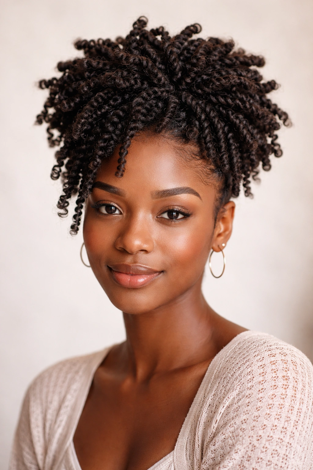 Portrait of a person with a voluminous twist-out crown created from short twists.