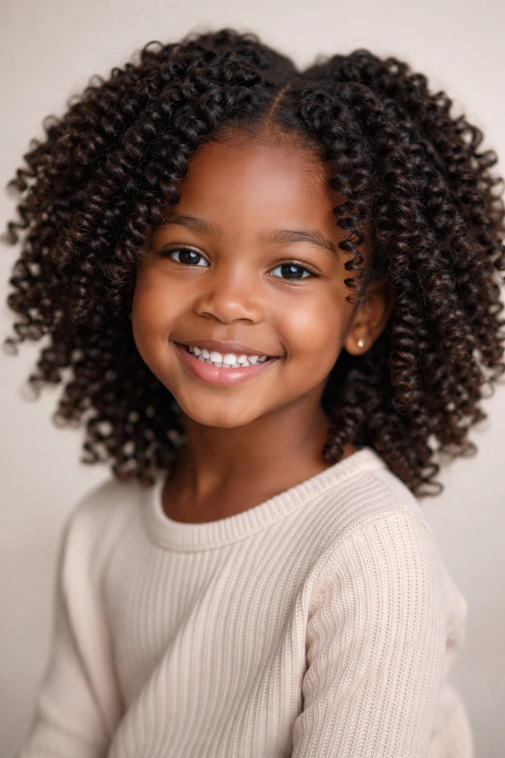 Close-up of a young girl's defined twist-out curls after unraveling two-strand twists.