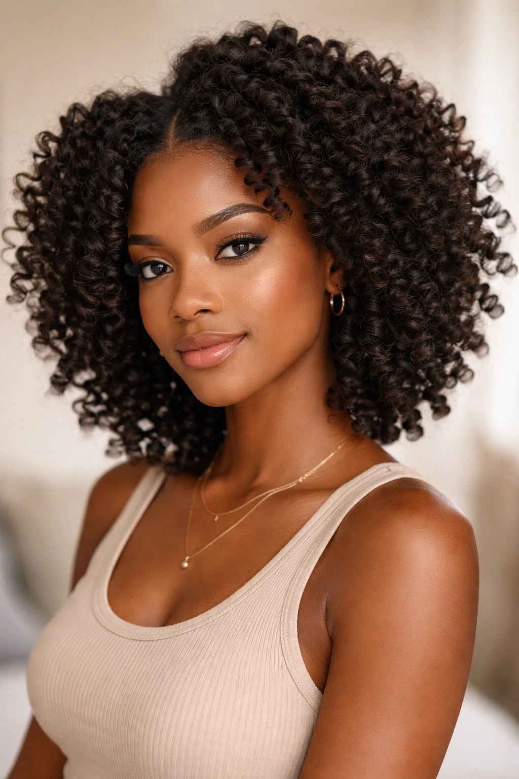 Close-up of defined curls from a two-strand twist out with volume
