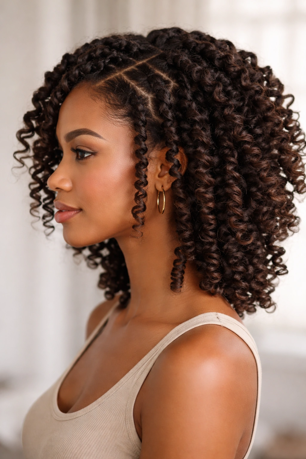 Twist-out hairstyle with defined twists and curls