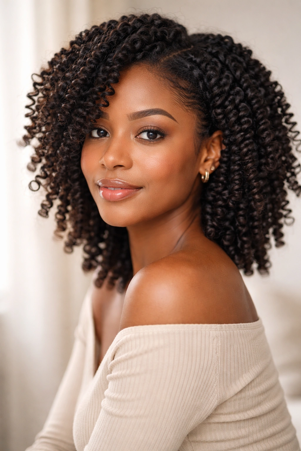 Close-up of a twist-out hairstyle with defined spiraled curls.