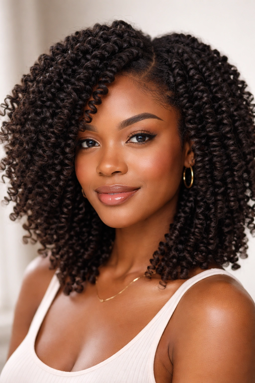 Close-up of twist-out hairstyle with defined spirals on natural hair