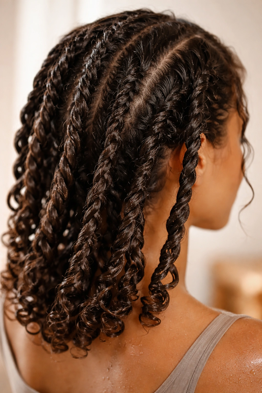 Close-up of damp hair in two-strand twists for twist-out texture