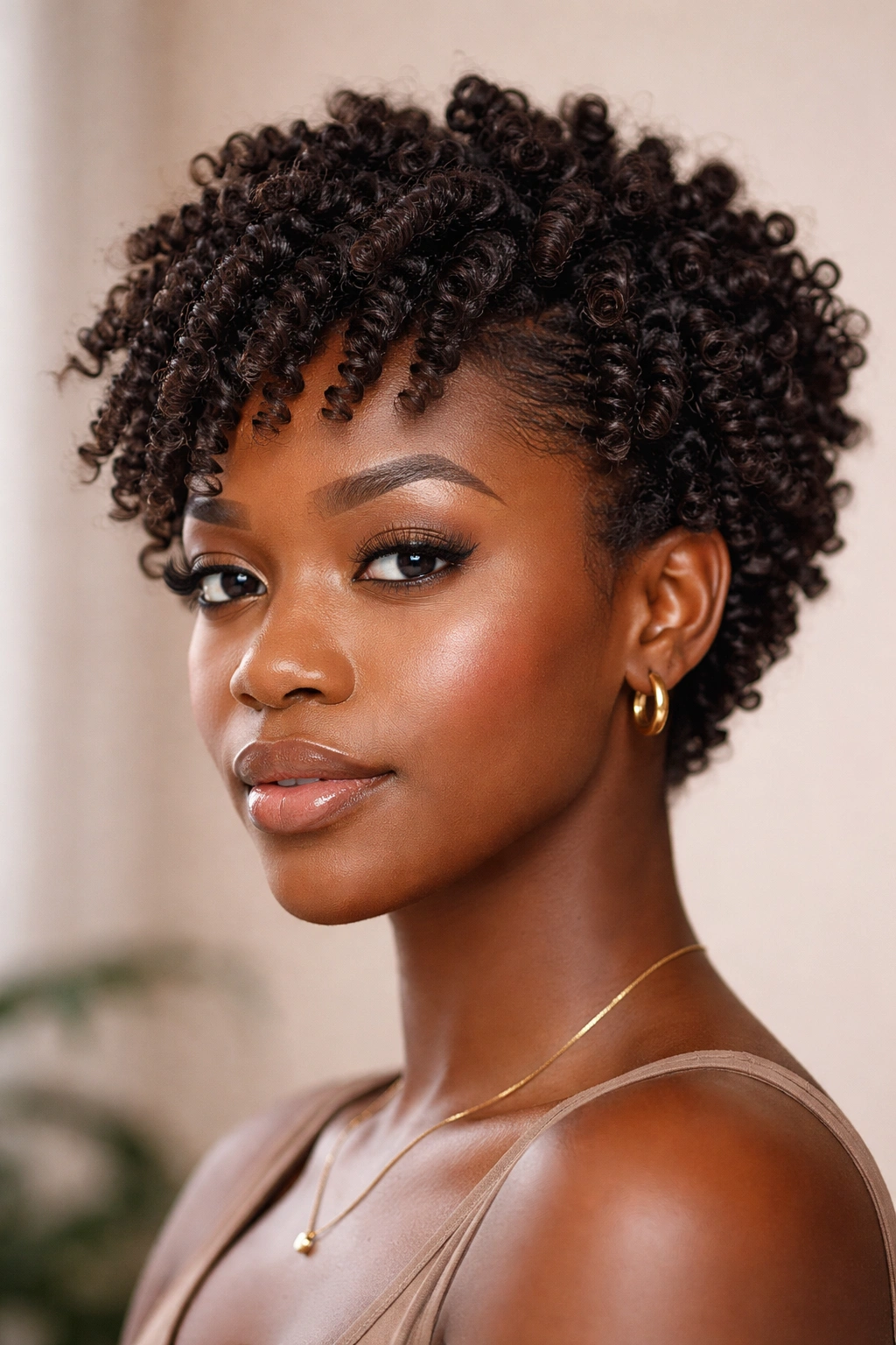 Close-up of a person with a defined twist-out on short 4C hair.