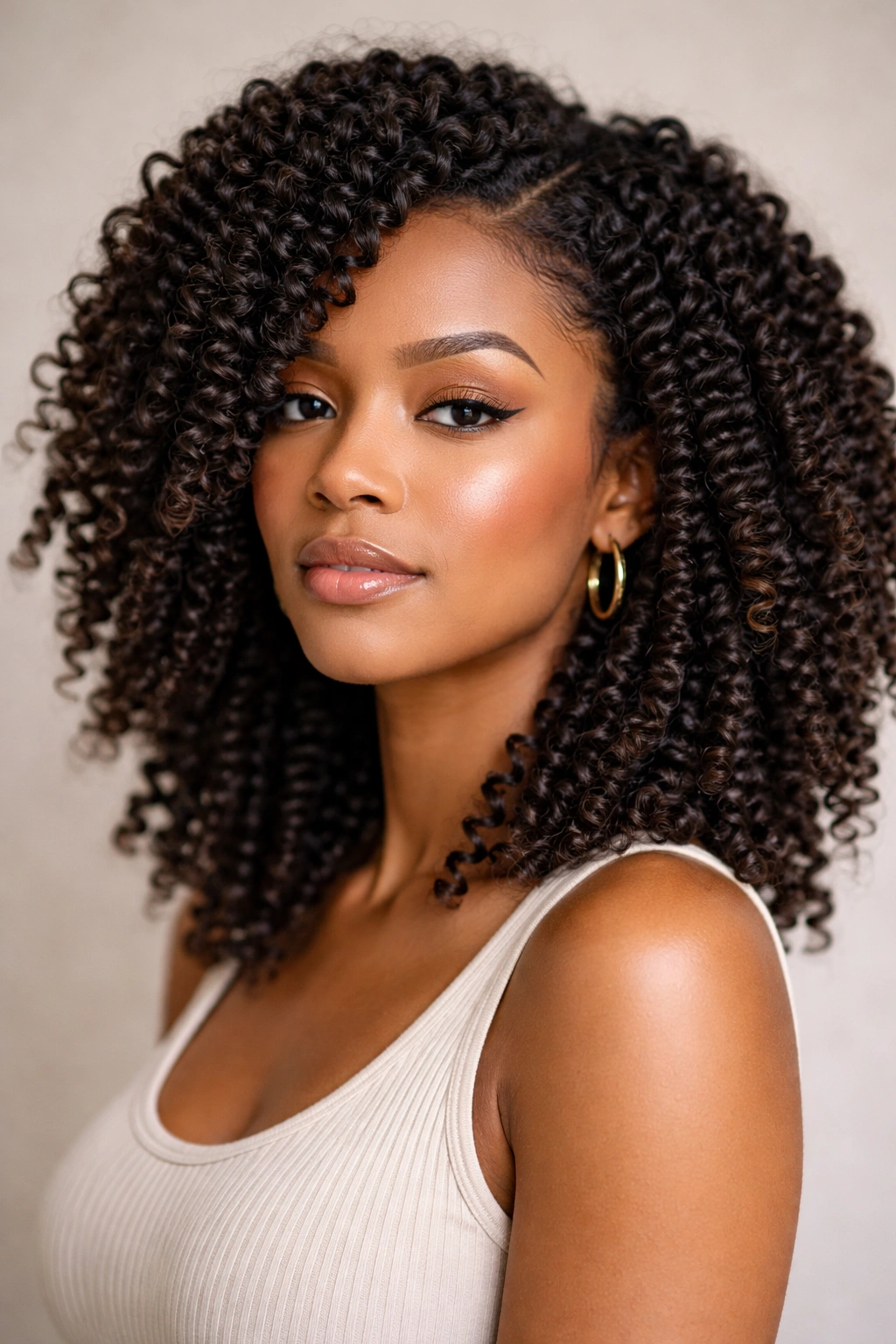 Defined twist-out curls with crisp texture on thick curly hair.