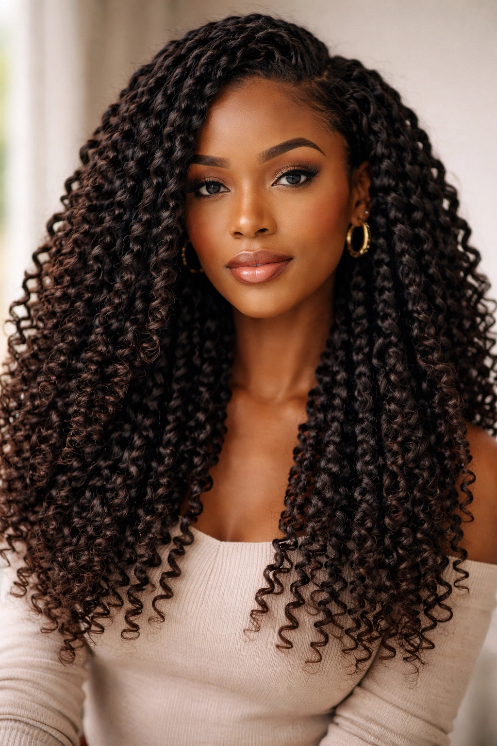Defined twist-out curls cascading over the shoulders