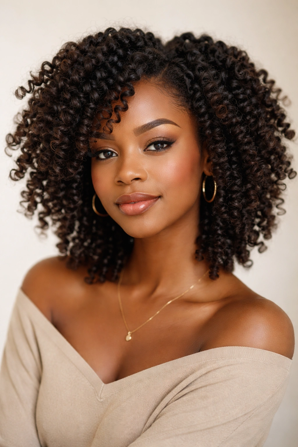 Twist-out hairstyle with defined curls after unraveling twists