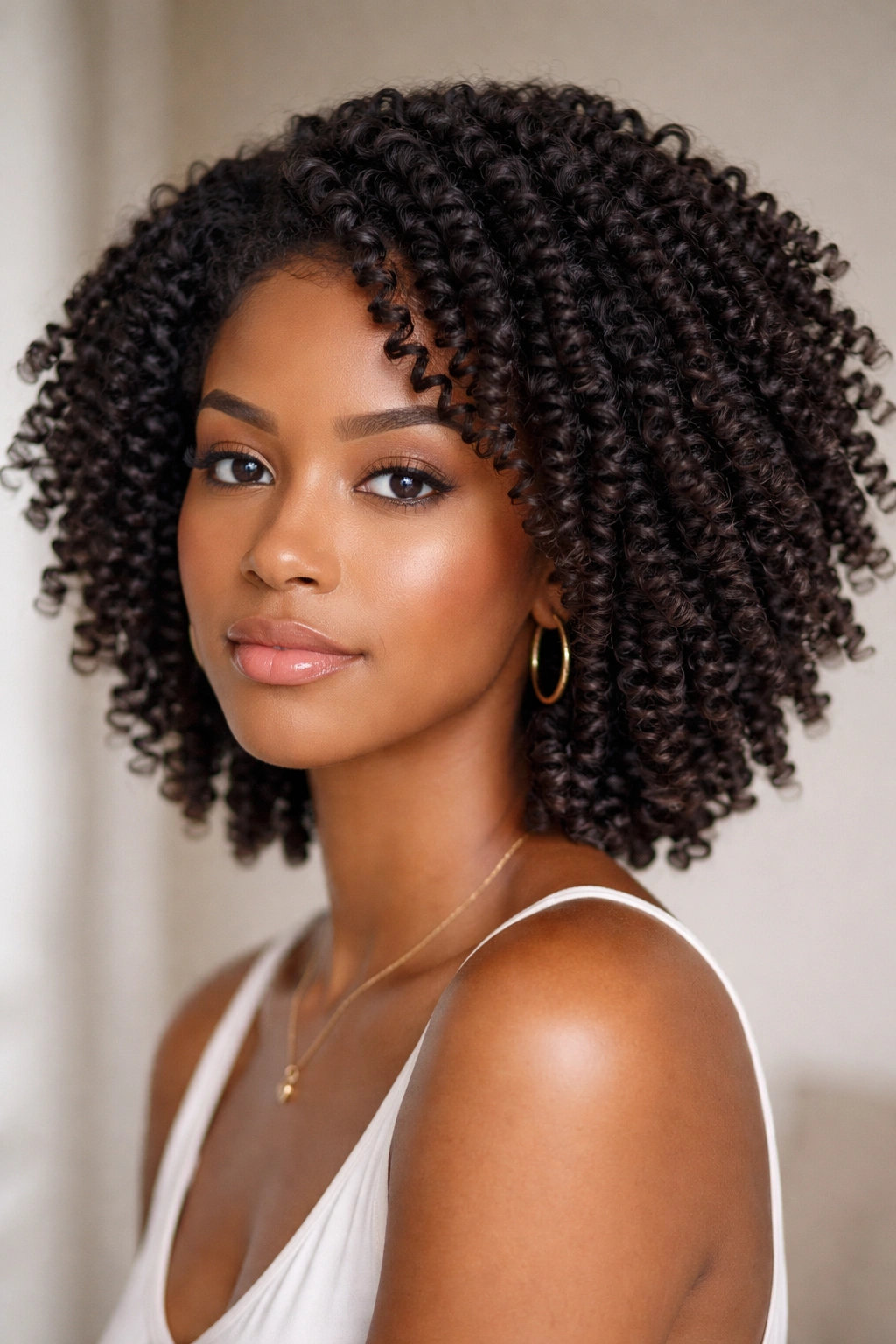 Twist-out hairstyle with clearly defined, springy curls