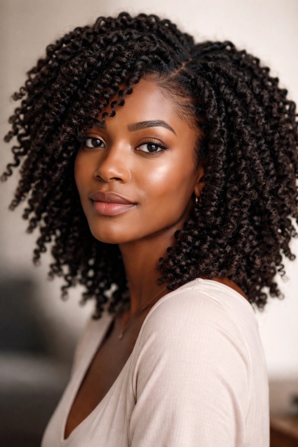 Twist-out hairstyle with defined waves and volume