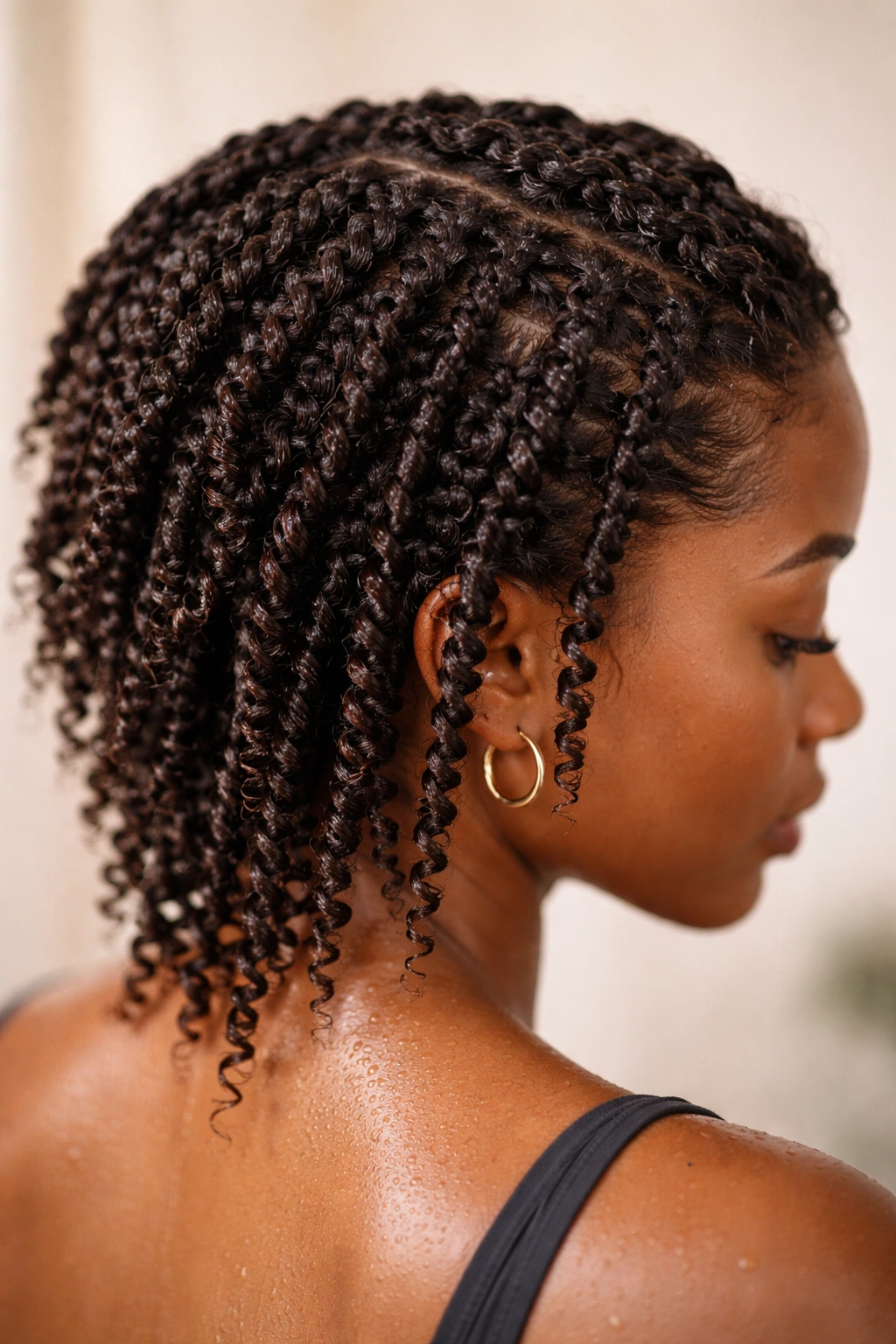 Close-up of damp hair styled into defined twist-out twists
