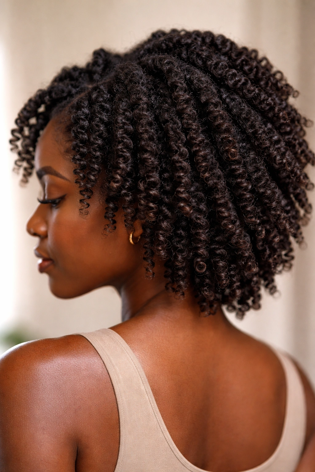 Close-up of defined twist-out curls on natural Afro hair highlighting longevity