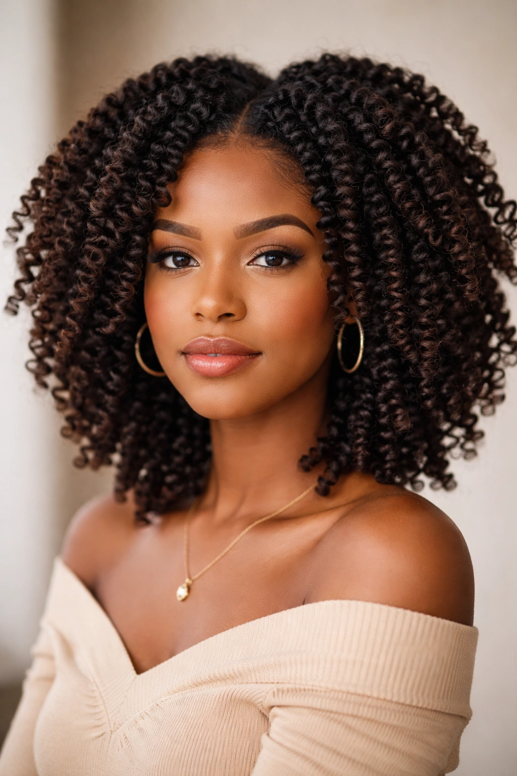 Close-up of a twist-out hairstyle on medium-length afro hair with defined elongated curls