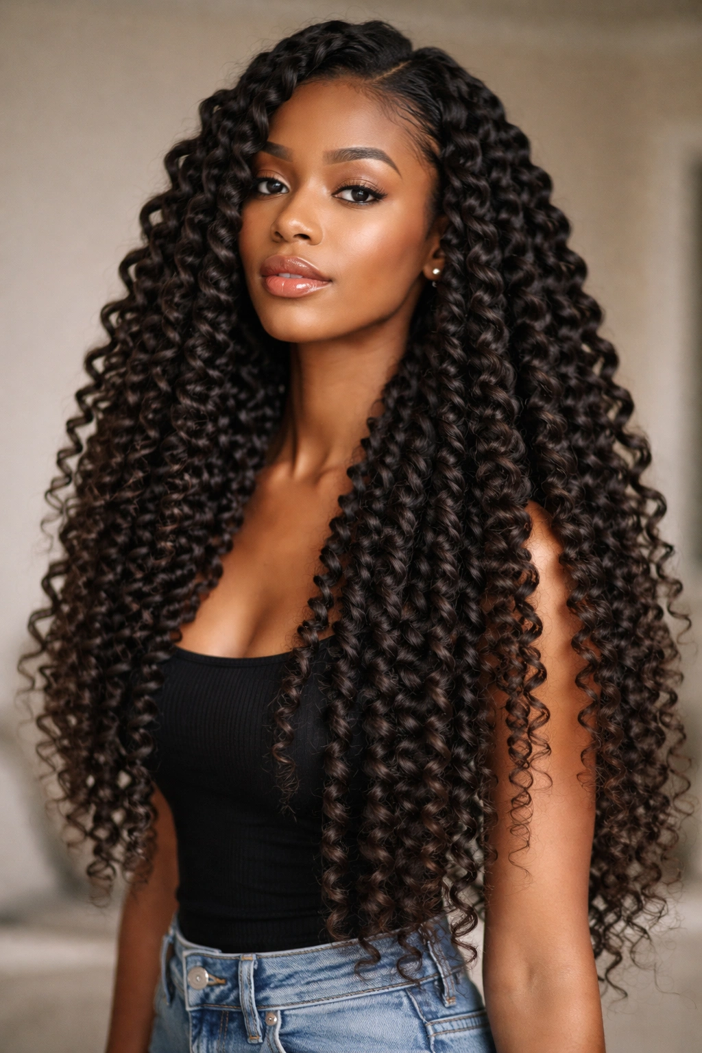 Long natural hair with a defined twist-out pattern