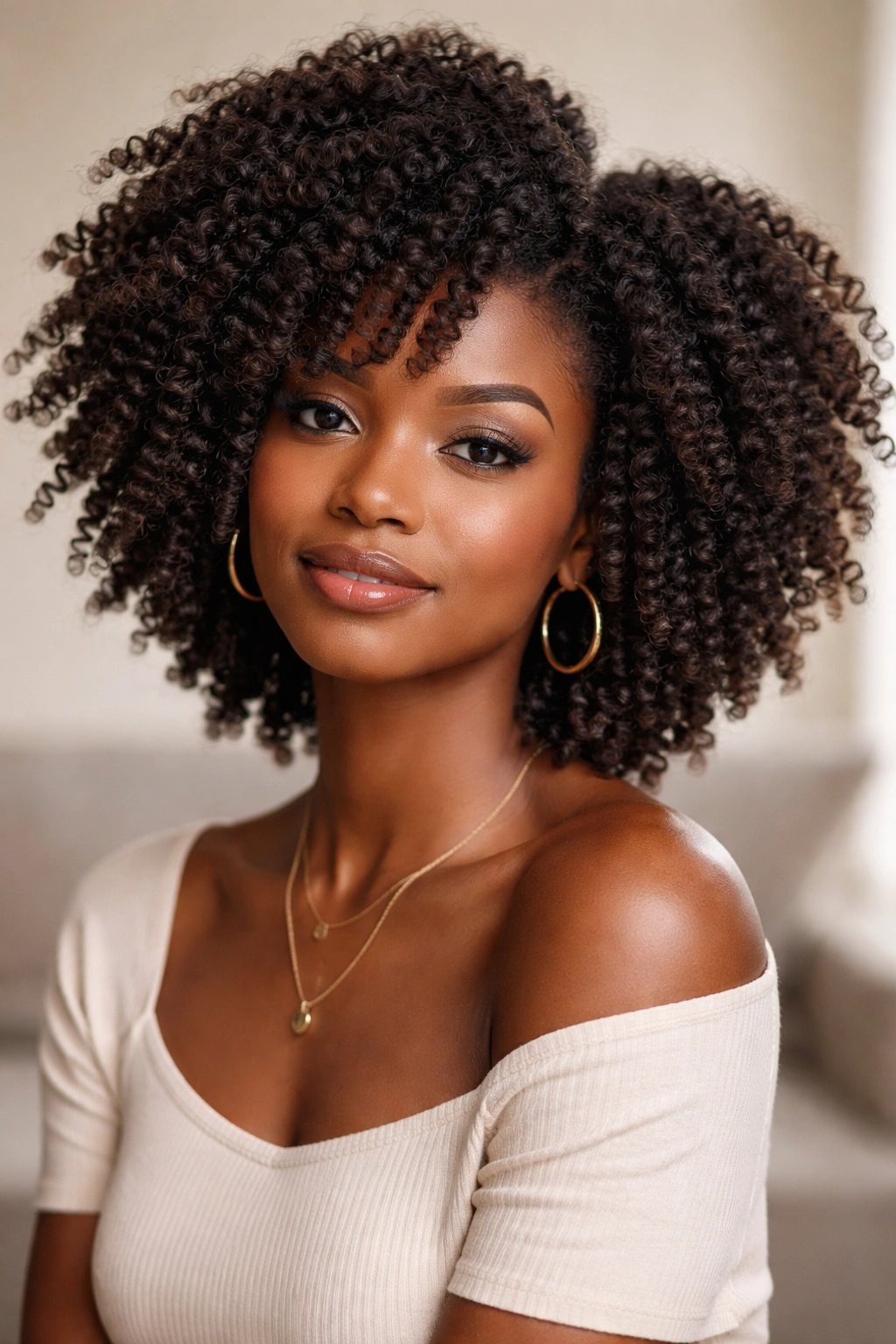 Twist-out hairstyle with natural volume on 4C hair.