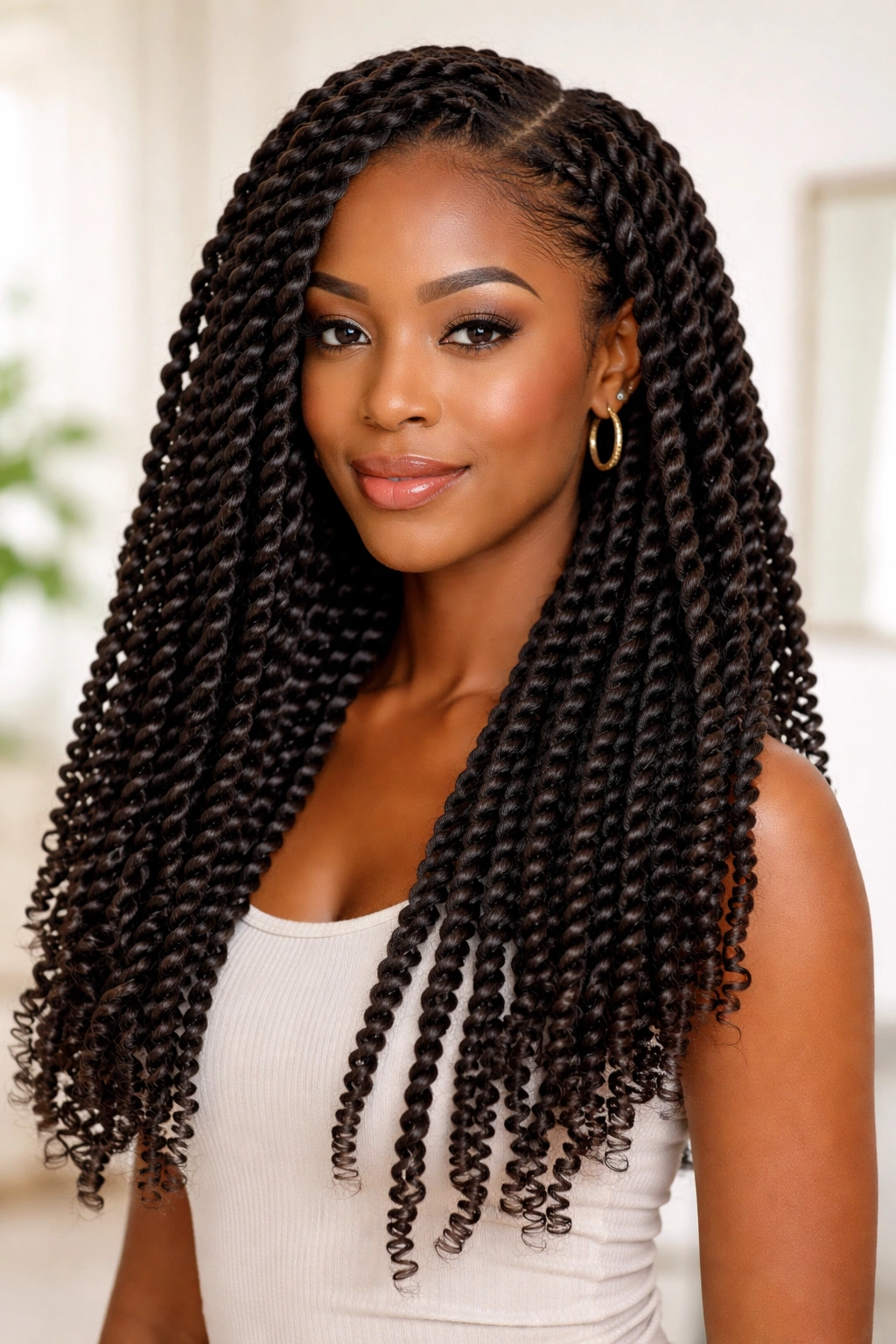 Long natural hair in elongated twists showing a protective twist-out