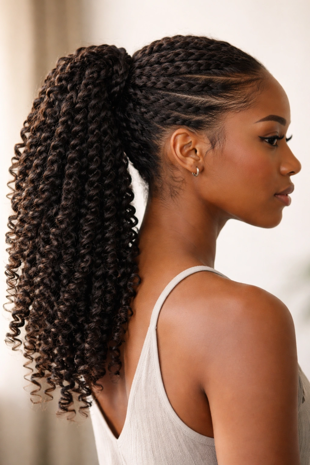 Twist-out ponytail with defined twisting textures along the length