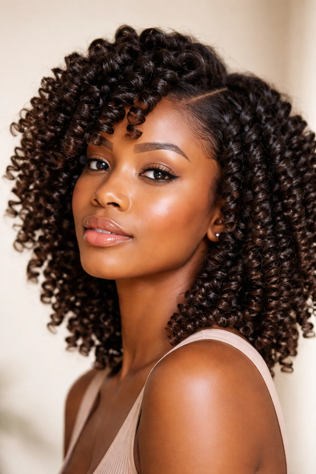 Close-up of twist-out showing product-driven shine and definition