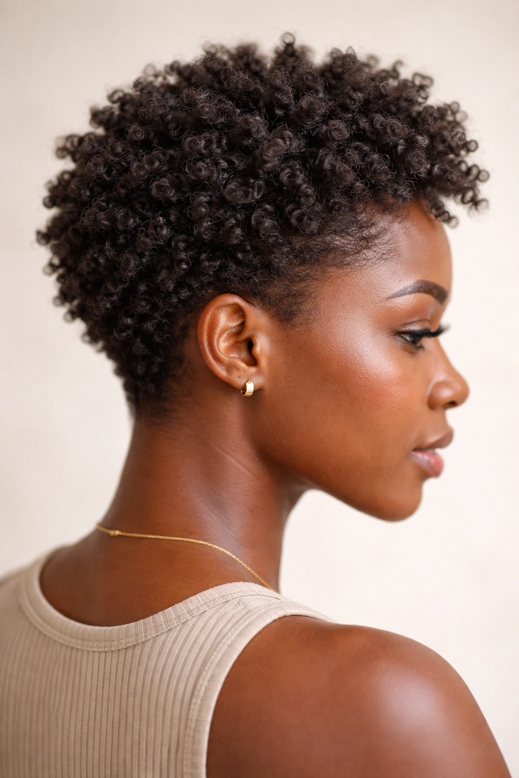 Close-up of short 4C hair with a textured twist-out, showing defined coils and feathered silhouette