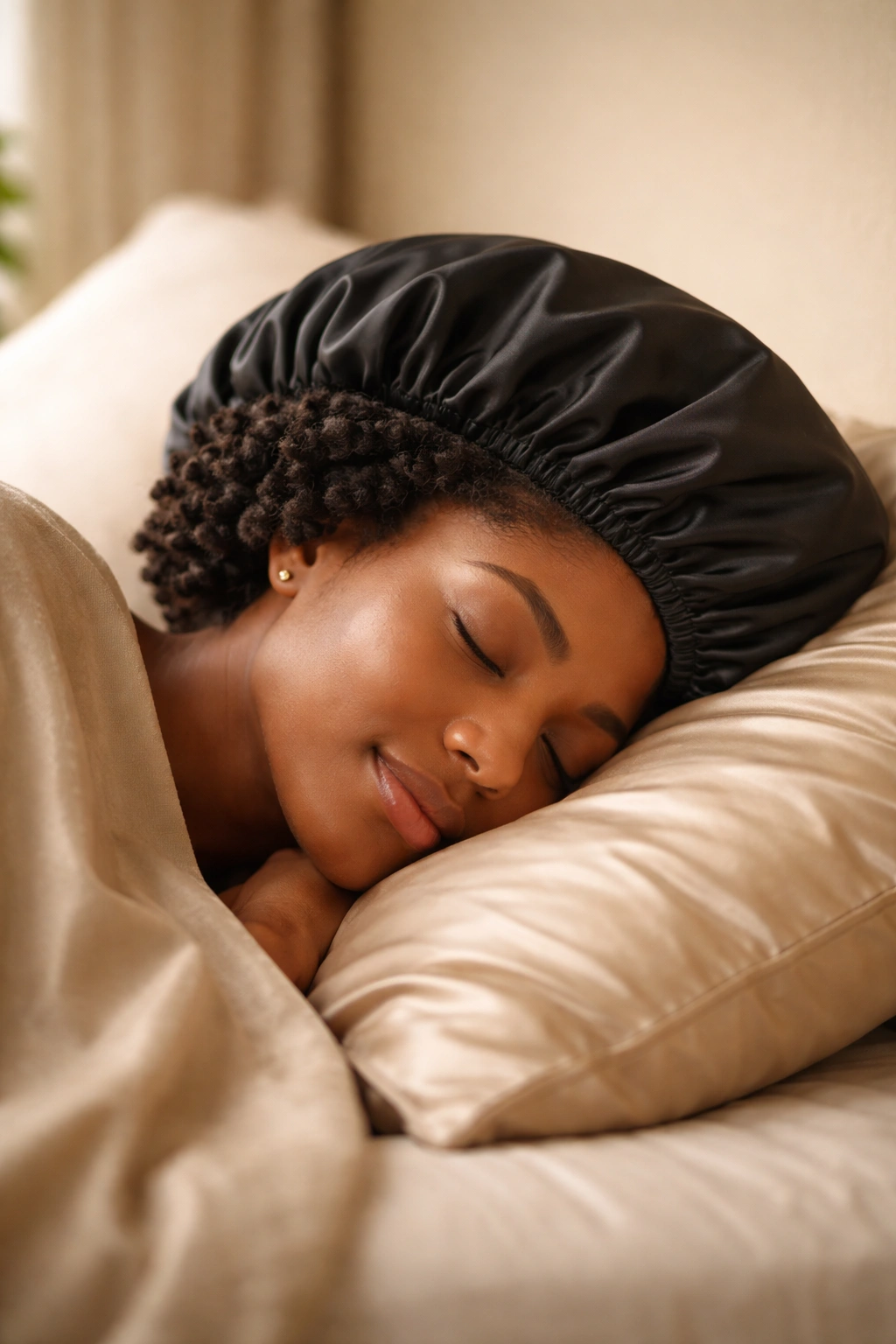 Profile of head with satin bonnet protecting twist-out during sleep