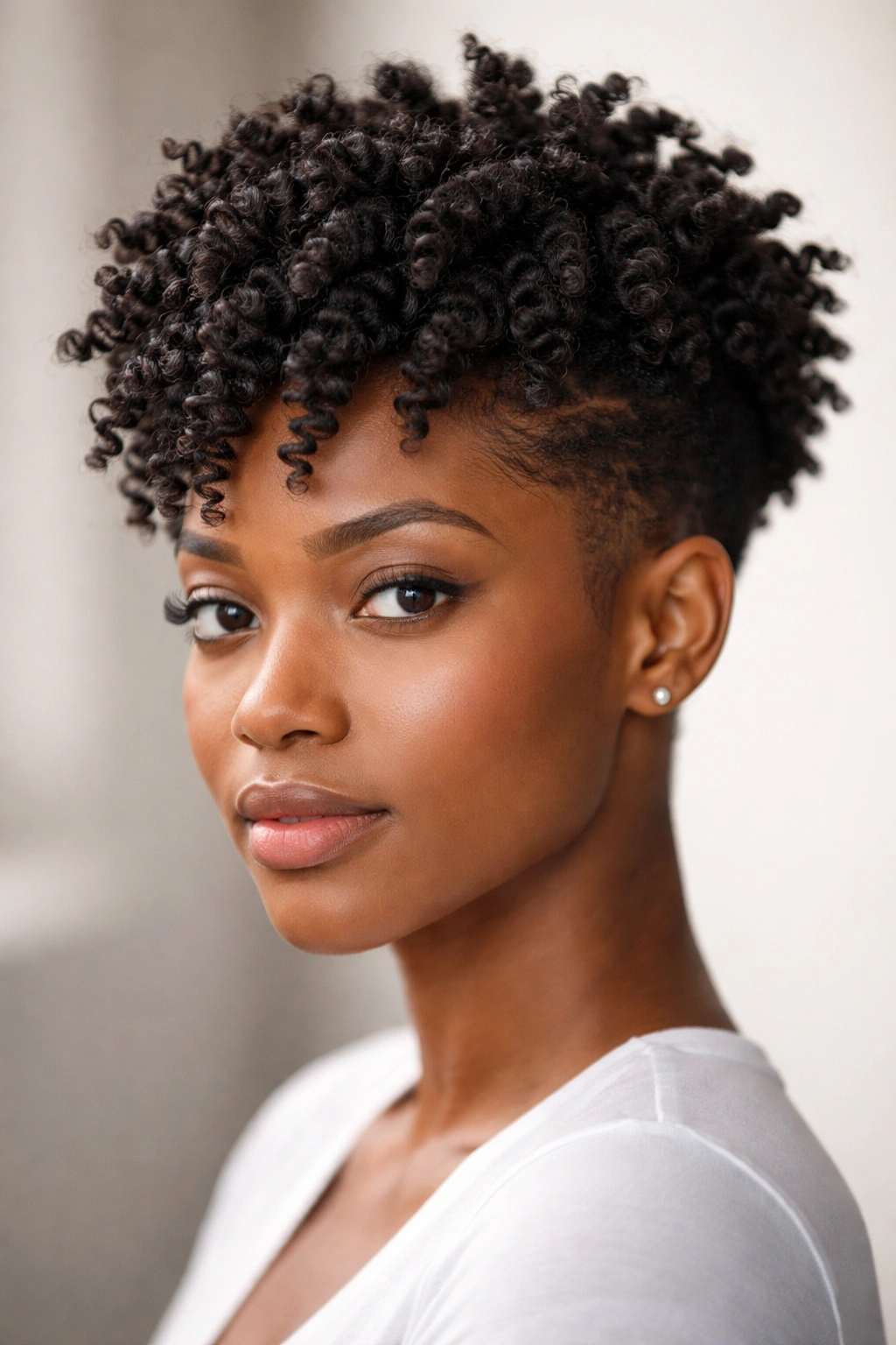 Twist-out hairstyle with tapered sides showing spiraled, voluminous curls.