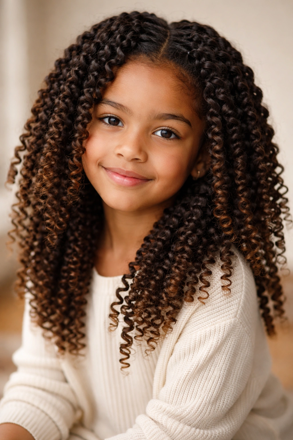 Child with elongated textured twist-out curls