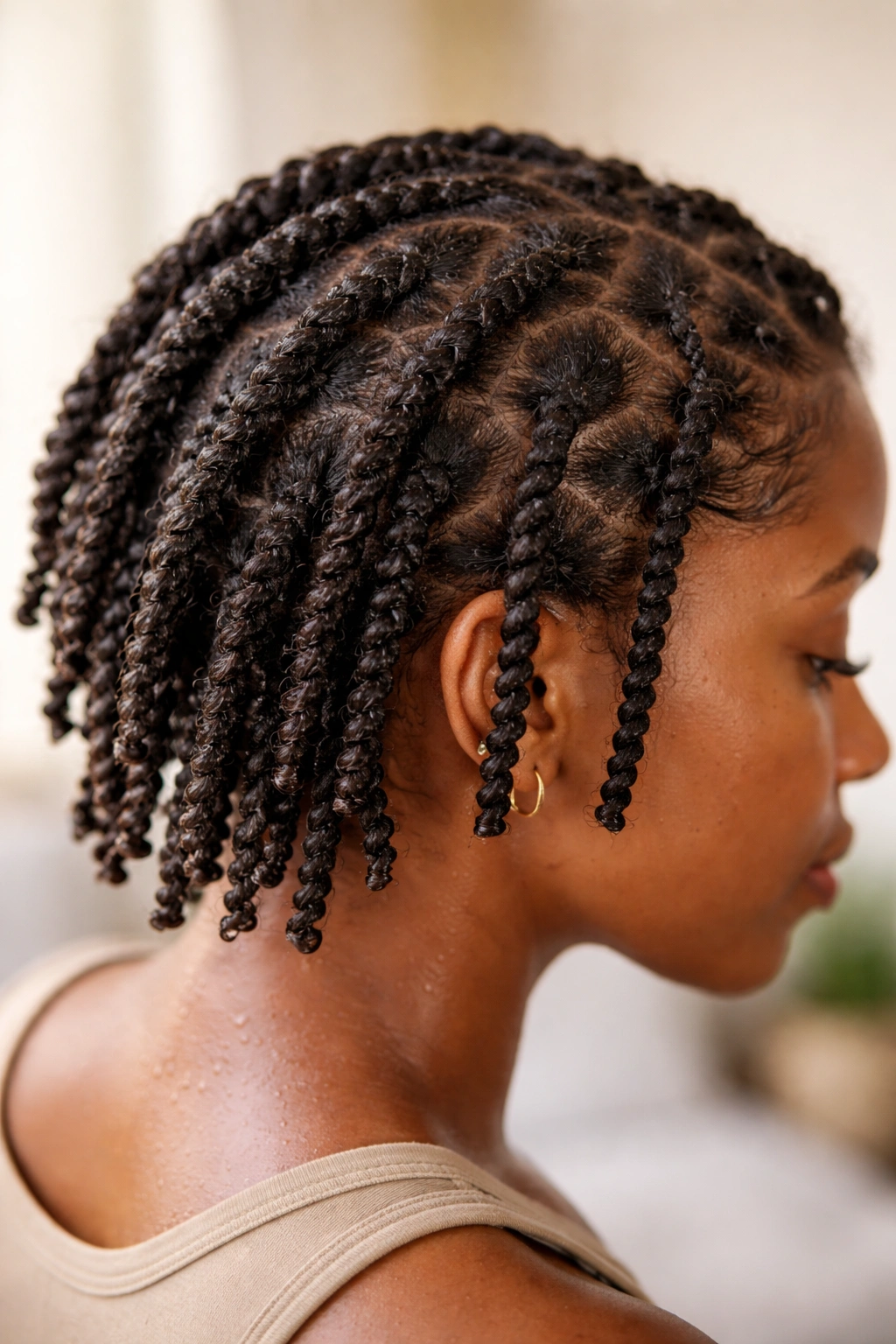 Close-up of damp hair with small twists showing twist-out curl pattern.