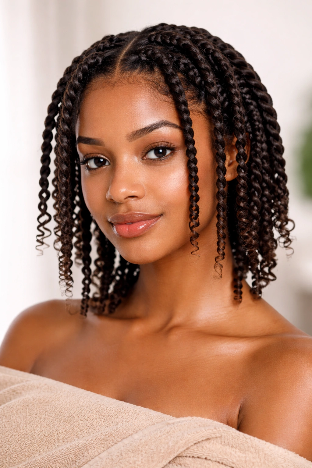 Head-and-shoulders view of damp twist-outs with defined curls