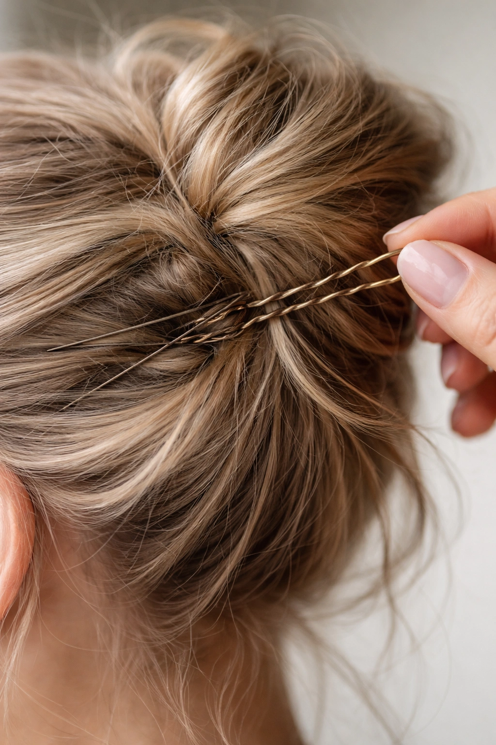 Macro close-up of twist pin securing fine hair bun