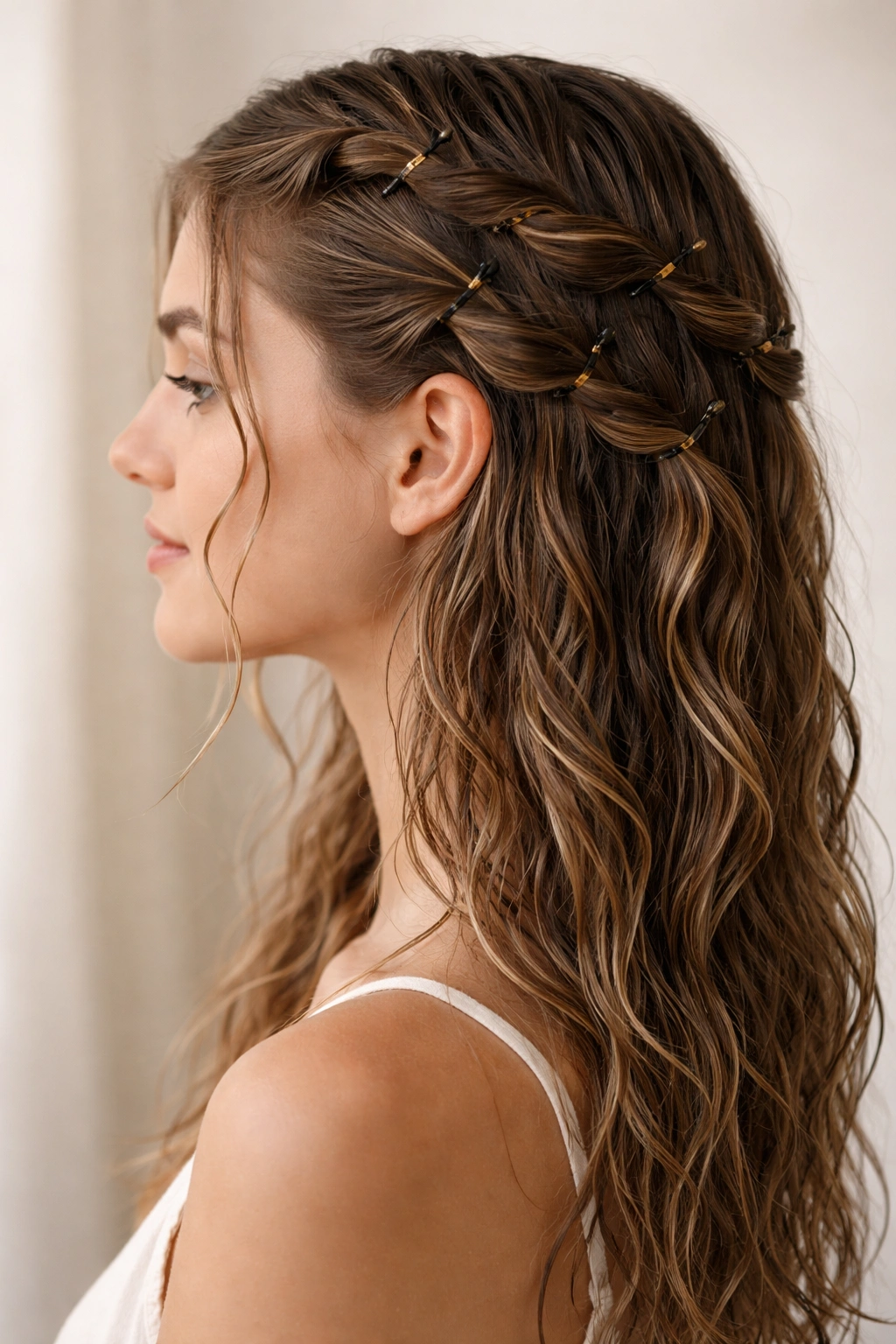 Hair twists secured with bobby pins forming soft waves as it dries