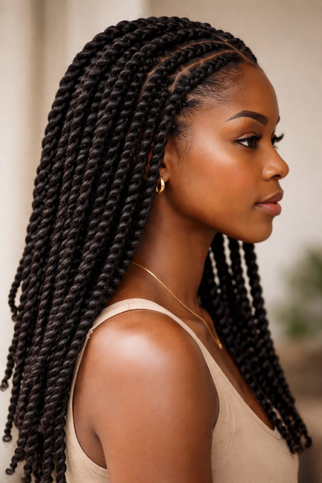 Close-up of two-strand twists showing rope-like texture on natural hair
