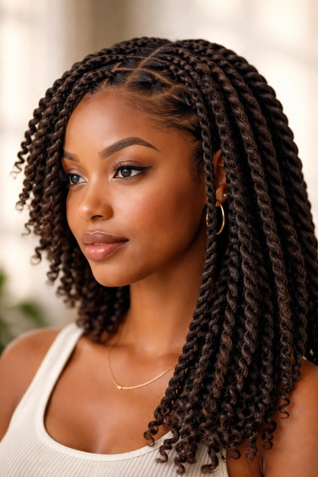 Close-up of shoulder-length hair with three twist styles to show length-based options