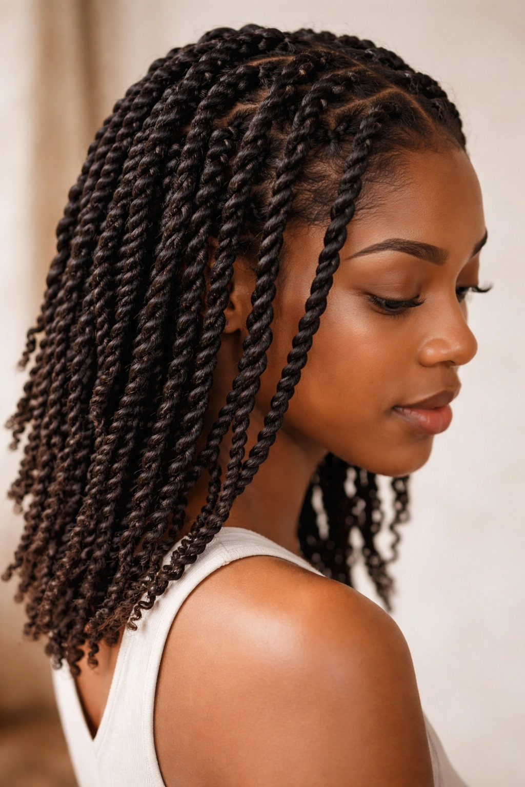 Close-up of two-strand twists forming a defined twist