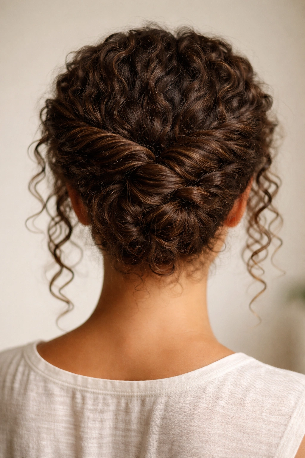 Twist and pin updo on curly hair showing two twists pinned and balanced