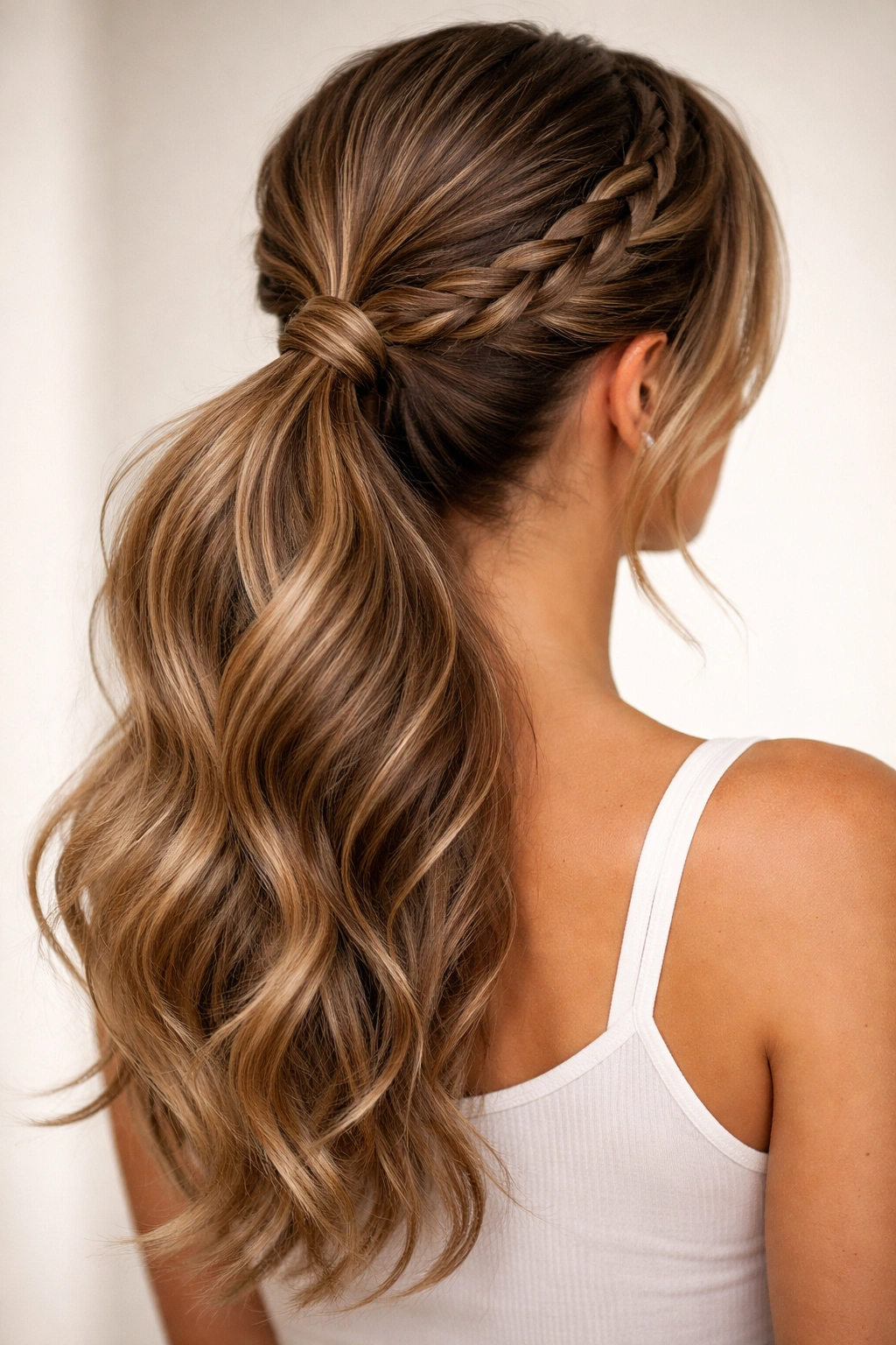 Twist and weave merging into mid-height ponytail