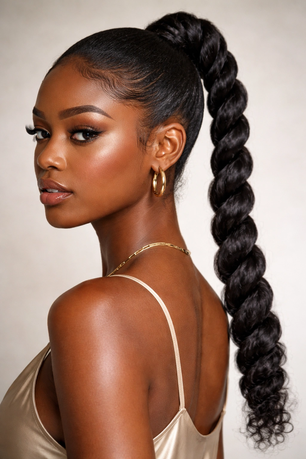 Ponytail twisted into a rope-like coil on a Black woman's hair