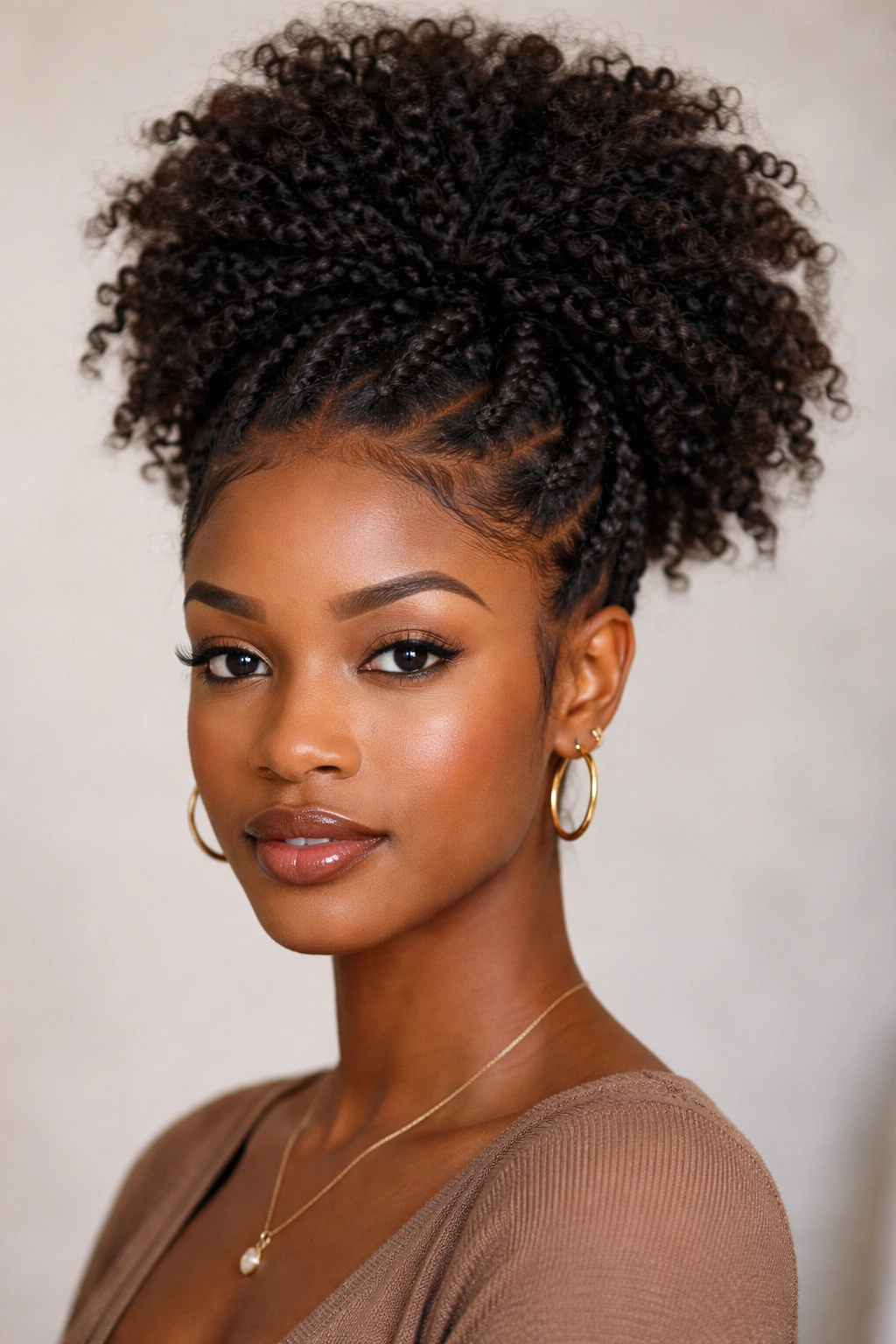 Two-strand twists integrated into a gathered afro puff