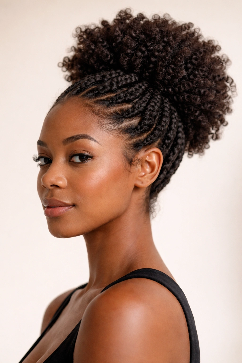 Front view of an afro puff with visible twists creating texture