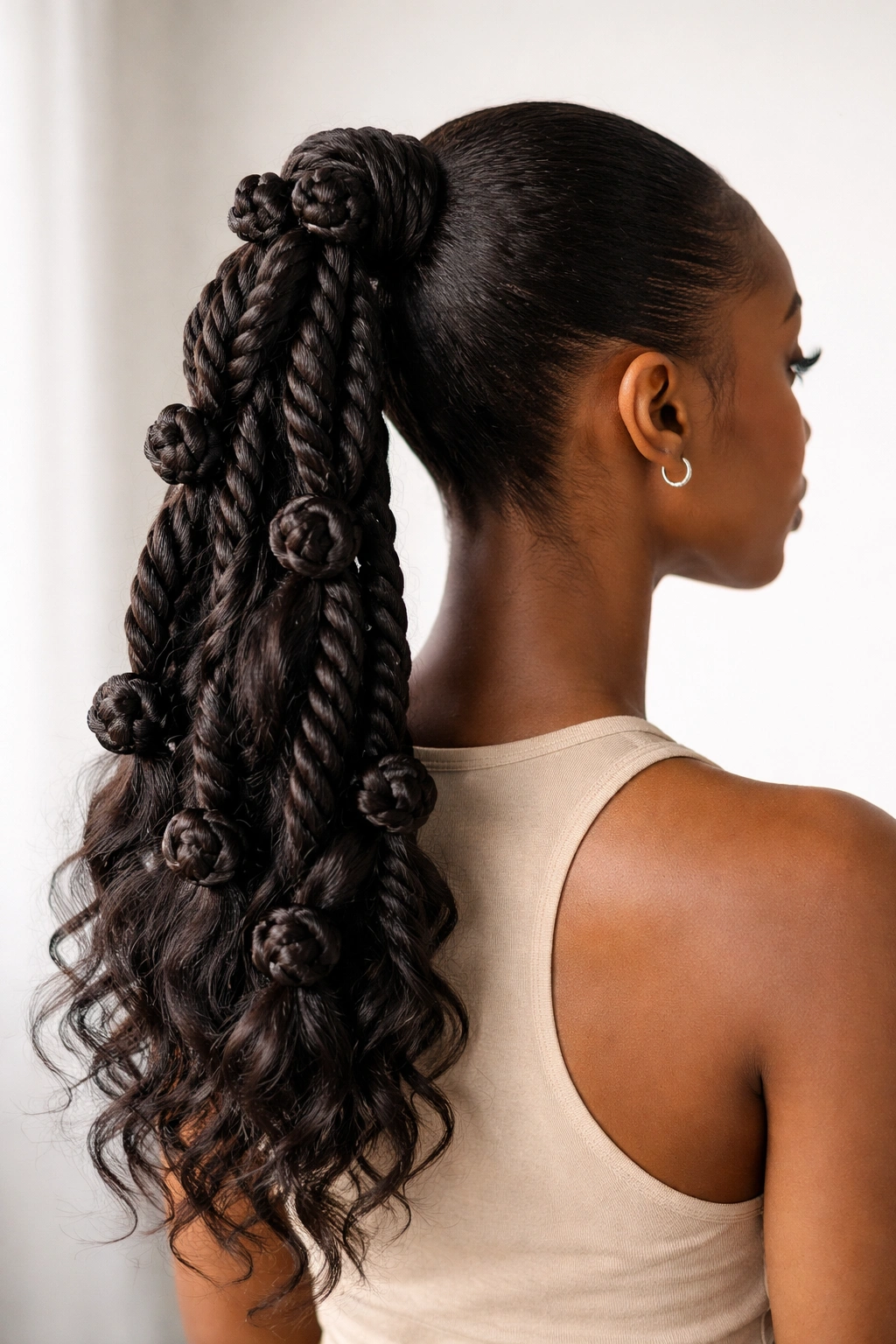 Back view of a ponytail with twists and bantu knots in a checkerboard pattern