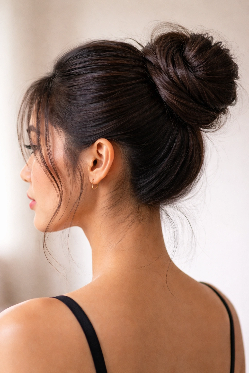 Close-up of a twisted base bun formed from a high crown ponytail with subtle loose strands.