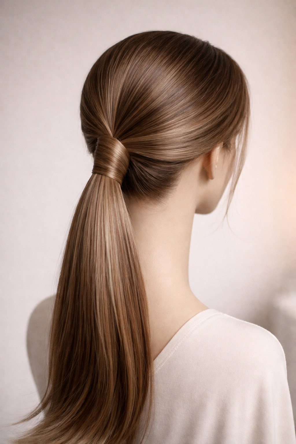 Close-up of a sleek ponytail with a twisted base detail at the scalp