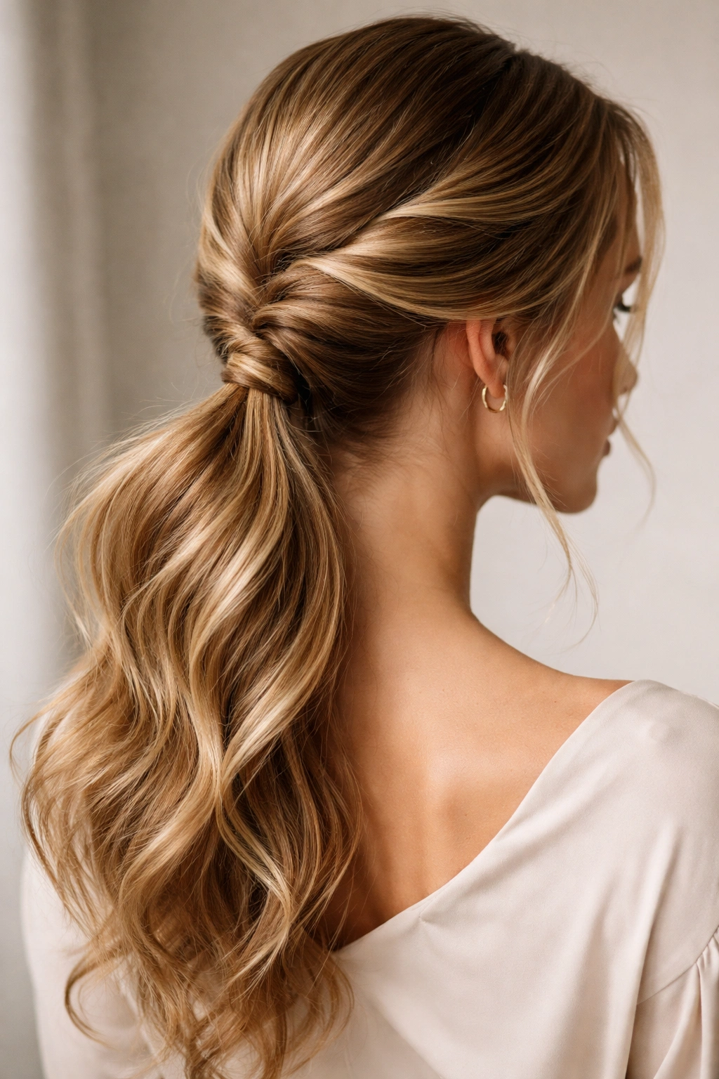 Two-strand twisted braid merging into a low ponytail with elegant texture.