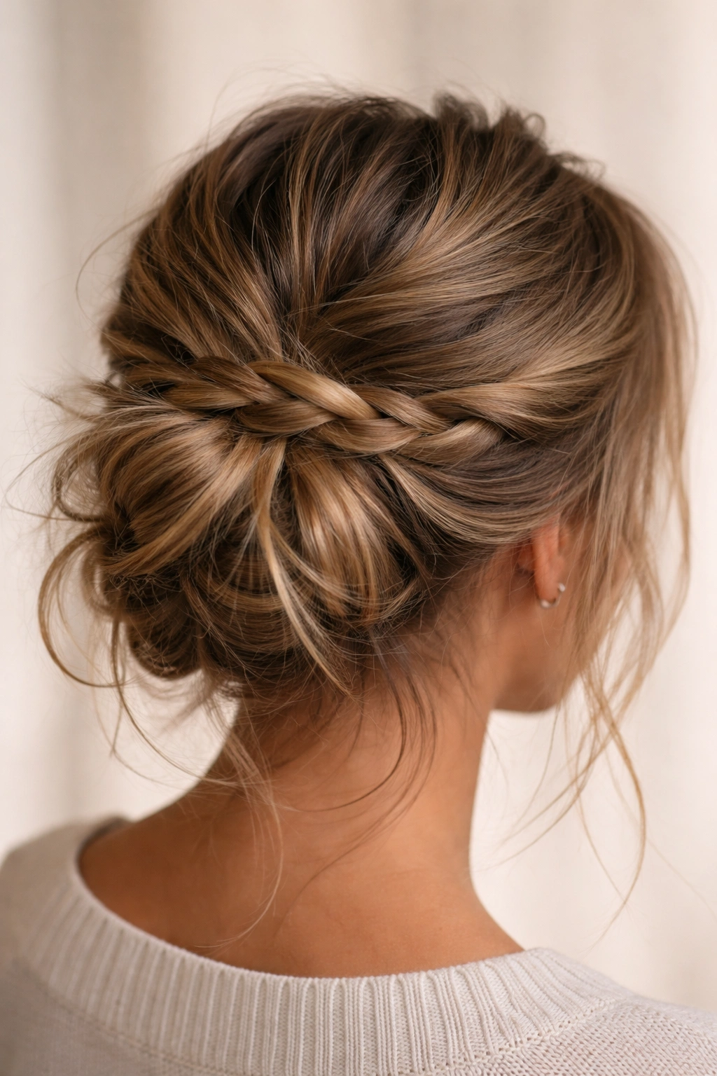 Close-up of a two-strand twist integrated into a messy bun with soft lighting