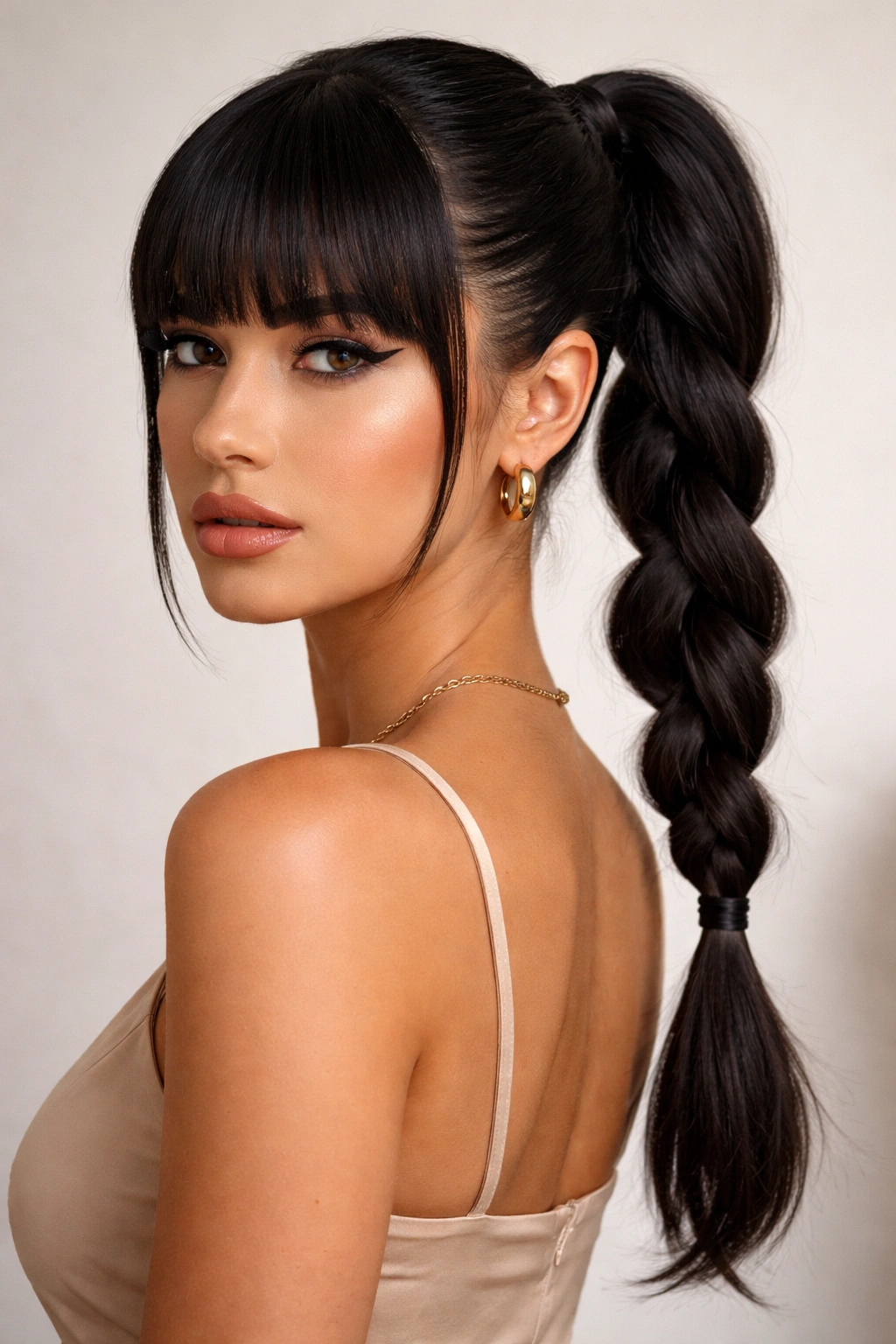 Twisted braid forming a ponytail with blunt bangs.
