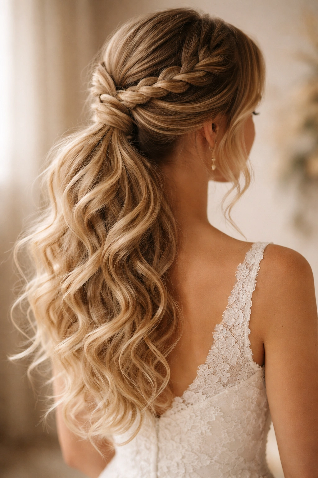 Twisted crown braids framing a low ponytail with loose curls, bohemian wedding look.