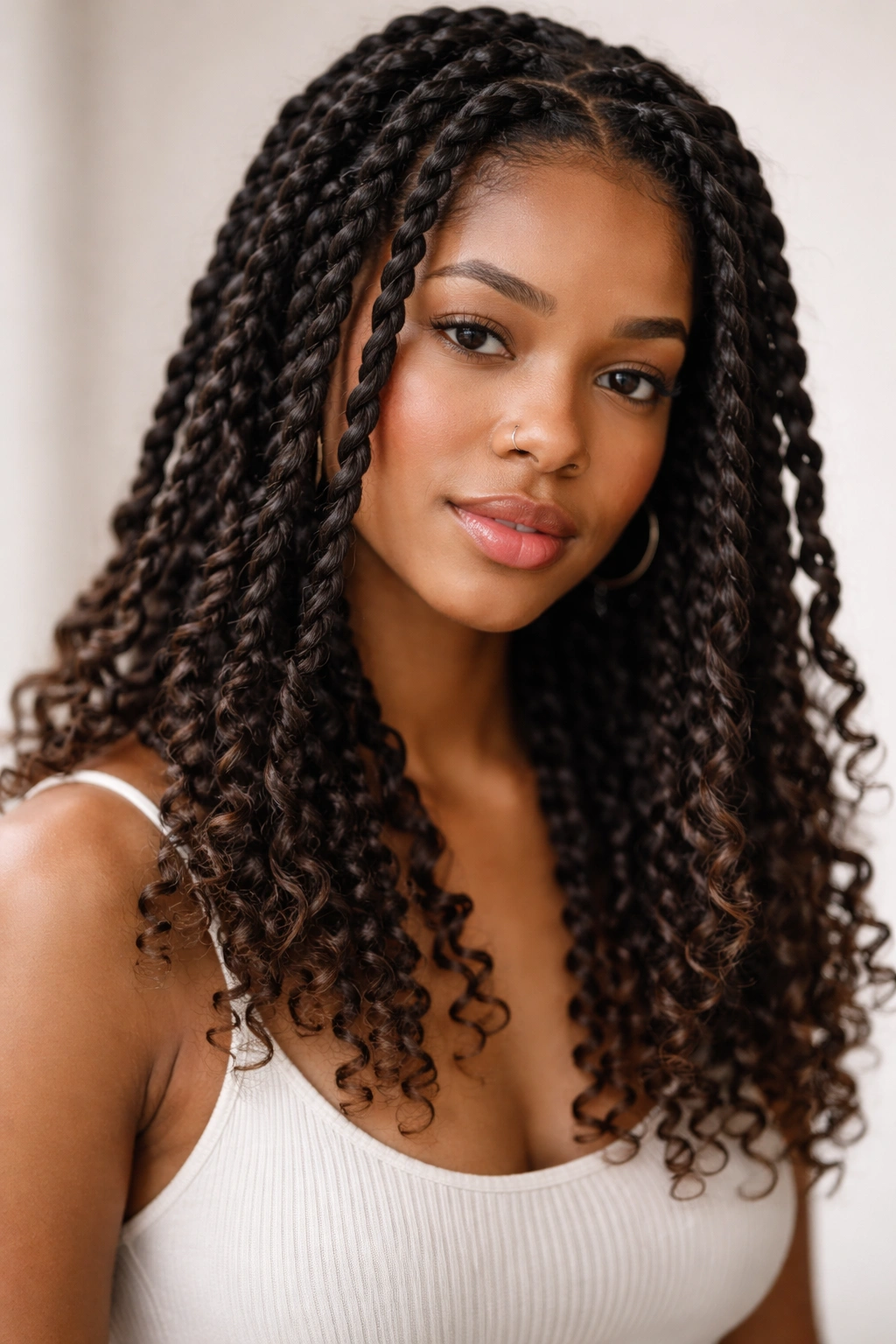 Close-up of two-strand twists on curly hair with loose curl ends